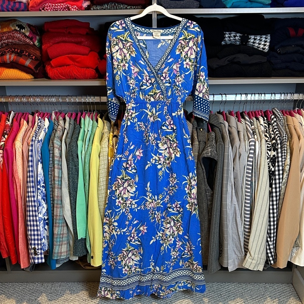 Flying Tomato blue/purple floral 3/4 sleeve elastic waistband maxi dress size XS